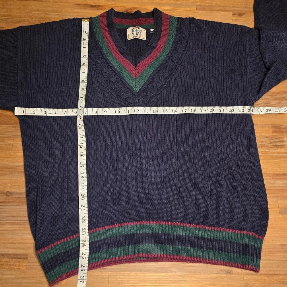 VTG Sears Roebuck & Co. Navy Cricket Sweater V-Neck Cable Knit Oversized